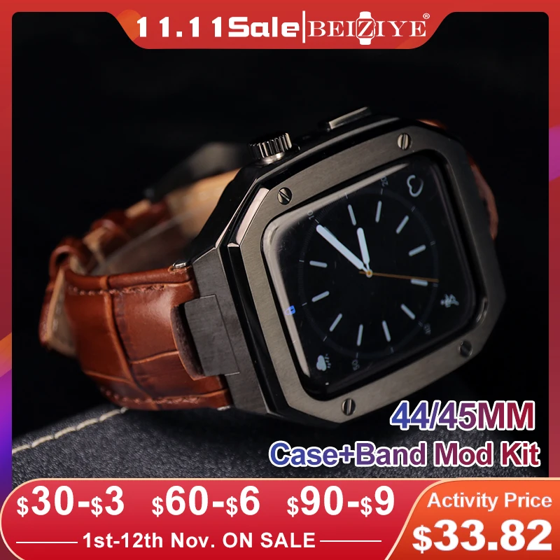 Luxury Metal Case+strap for Apple Watch band 45mm 44mm Leather Stainless Steel For iWatch 8 7 65 Modification Kit watch case Mod