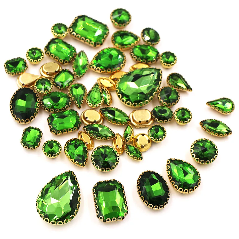 

50pcs Grass Green Mixed Size and Shape Crystal Glass Sew-on Rhinestones with Lace Claw DIY Wedding Dress Decoration Jewelry