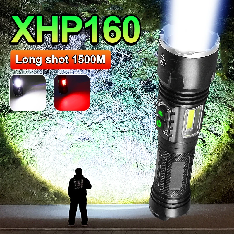 

XHP160 + COB высокомощная светодиодная вспышка с зумом, USB тактическая перезаряжаемая 250000 люмен Водонепроницаемая 18650 вспышка для кемпинга на от...