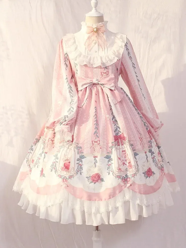 

Kawaii Lolita Dress Long Sleeve Loose Flower Elegant Fashion Victorian Dress Women Bow Printed Summer Clothing Vestidos