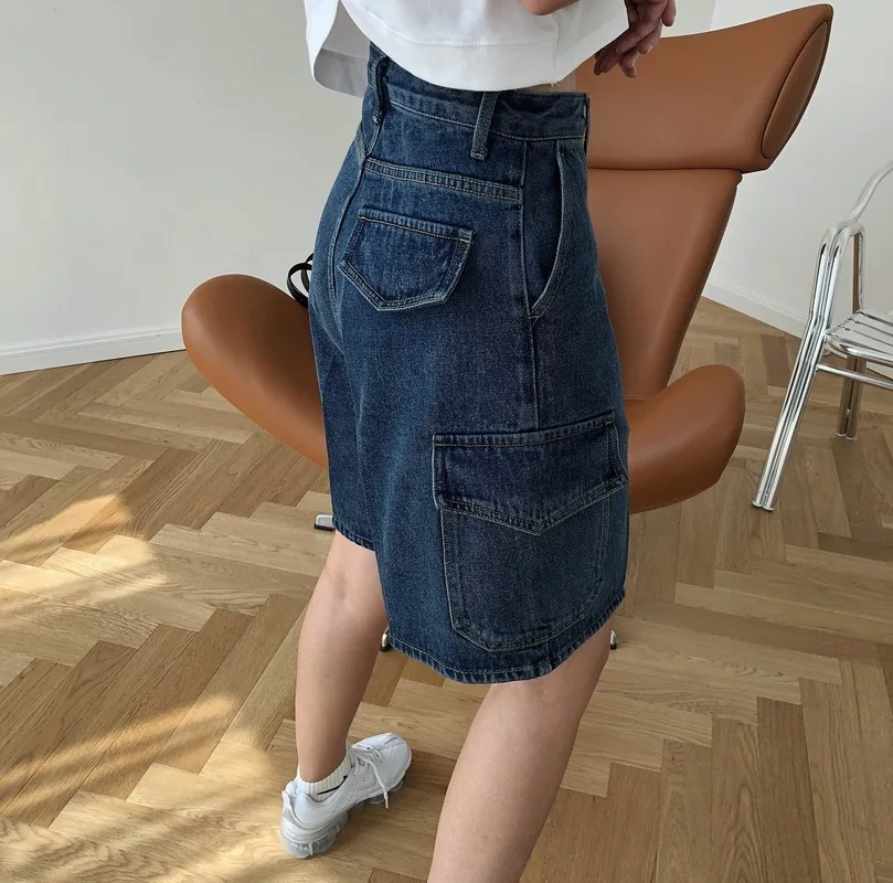 Indie High Waist Blue Denim Y2K Pocket Straight Shorts 2021 Summer New Street Fashion Women Loose Wild Five-point Solid Shorts
