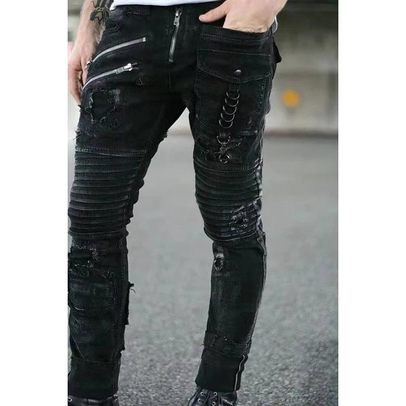 Streetwear Mens Straight Jeans Men Side Straps and Zips Biker Casual Slim Fit Black Goth Trousers Men Punk Skinny Denim Pants