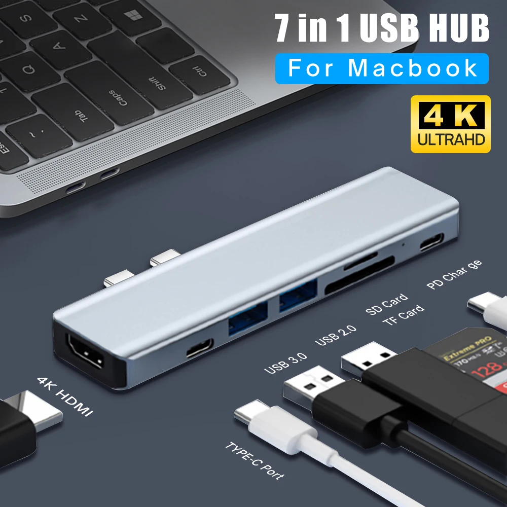 

7 in 1 USB C Hub for MacBook M1 Air Pro USB 3.0 Adapter HDMI-Compatible 4K TF SD Card Reader 87W PD Charge MacBook Accessories