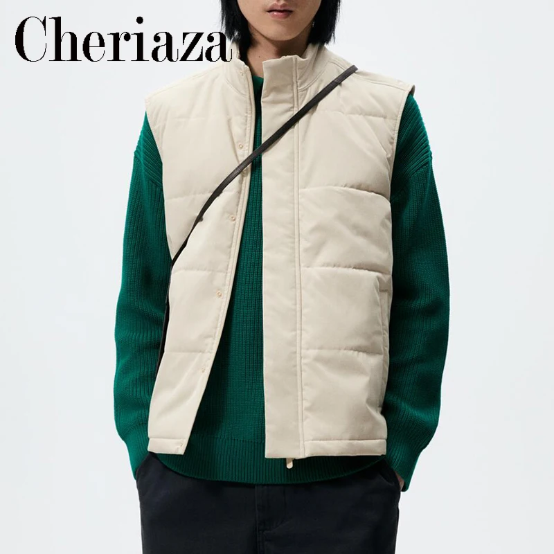 

Cheriaza 2022 Autumn Winter Men New Black Sleeveless Vest Stand Collar Solid Color Pocket Fashion Tank Top Casual Zipper Tops