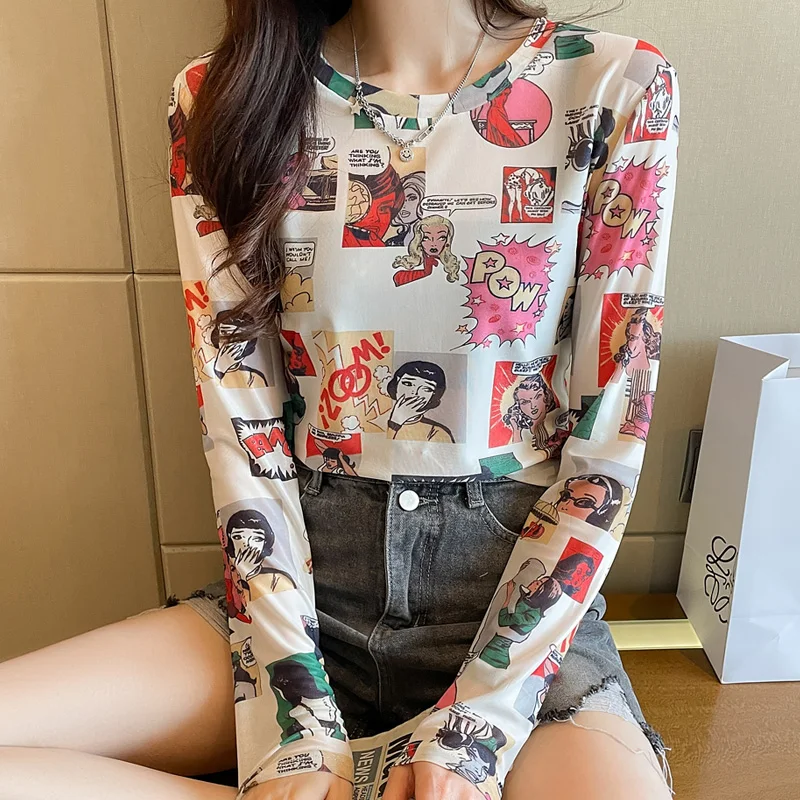 

Korean Autumn T Shirt Women Mesh Fabric Office Lady Thirt Shirt Smiley Face Pattern Femme Vintage Purple Women Clothes