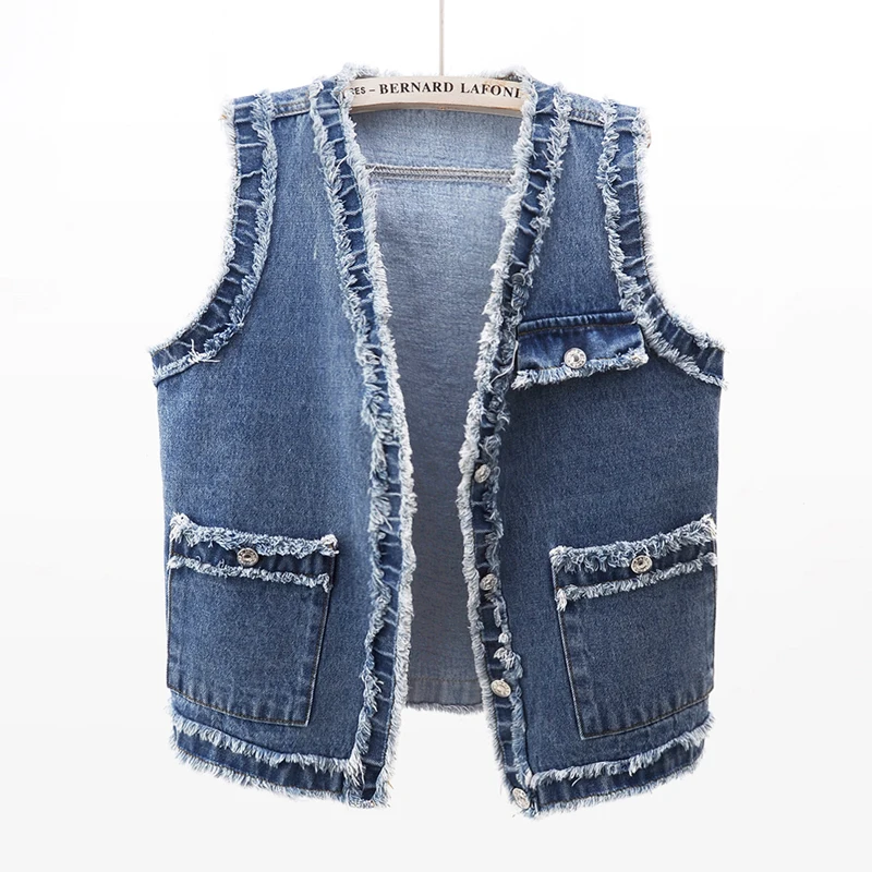 

2022 Spring Autumn Vintage Burrs V-Neck Denim Vest Coat Women Wild Loose Short Waistcoat Fashion Jeans Sleeveless Jacket G2046