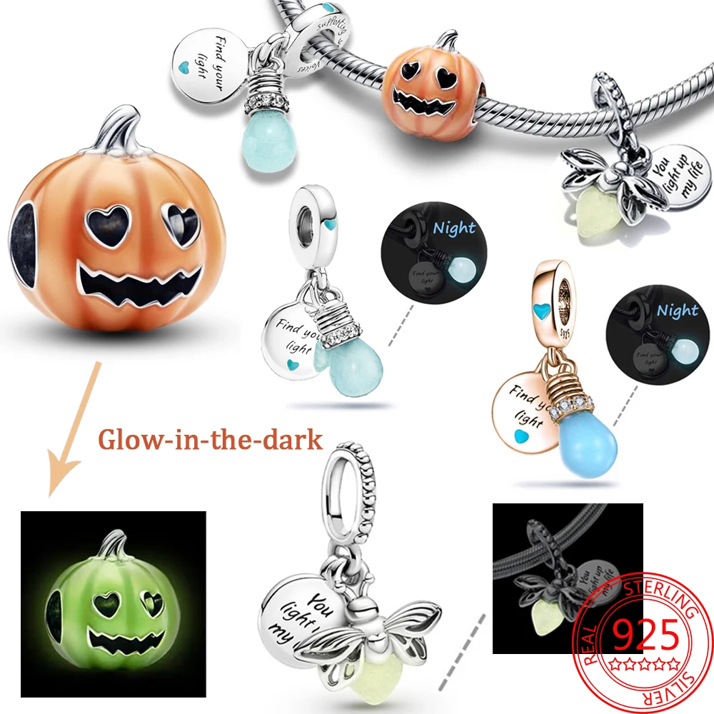 Authentic 925 Silver Sterling Glow in the dark Pumpkin Firefly Lightbulb Double Dangle Charm Fit Pandora Bracelet Jewelry Gift
