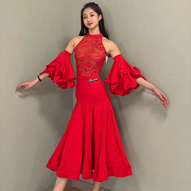

2022 Ballroom Dance Dress Red Competition Dress Latin Dance Wear Waltz Tango Performing Costume Club Wear Prom Dresses BL8317