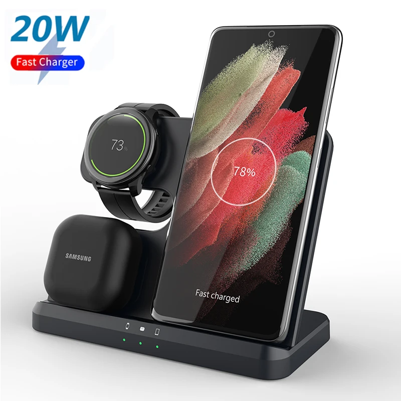 

Беспроводное зарядное устройство 3 в 1, подставка для Samsung Galaxy S22 S21 S20 S10 15 Вт, быстрая зарядка для Galaxy Watch 4Classic 3 Active 2 Buds Pro
