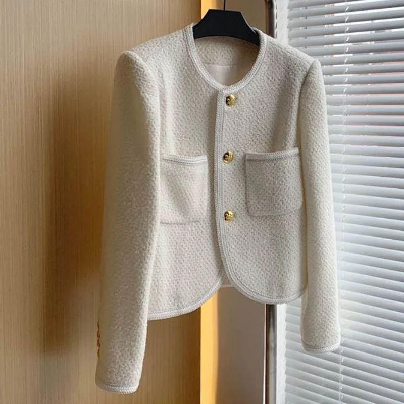 

French Temperament Round Neck Single-Breasted Comfortable Long-Sleeved Women'S Autumn Solid Color Fashion All-Match Small Coat