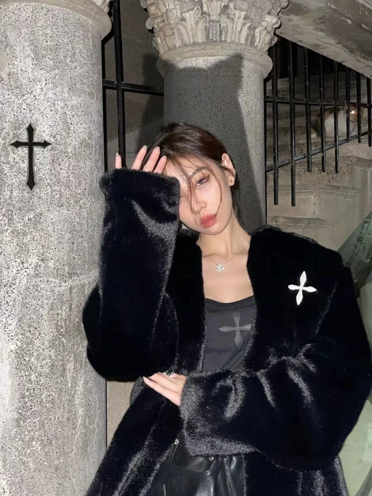 Black Faux Fur Coat Loose Suit Collar Mink Fur Coat Femme Vintage Fluffy Jacket Overcoat Winter Clothes Women 2022 Fashion Coats