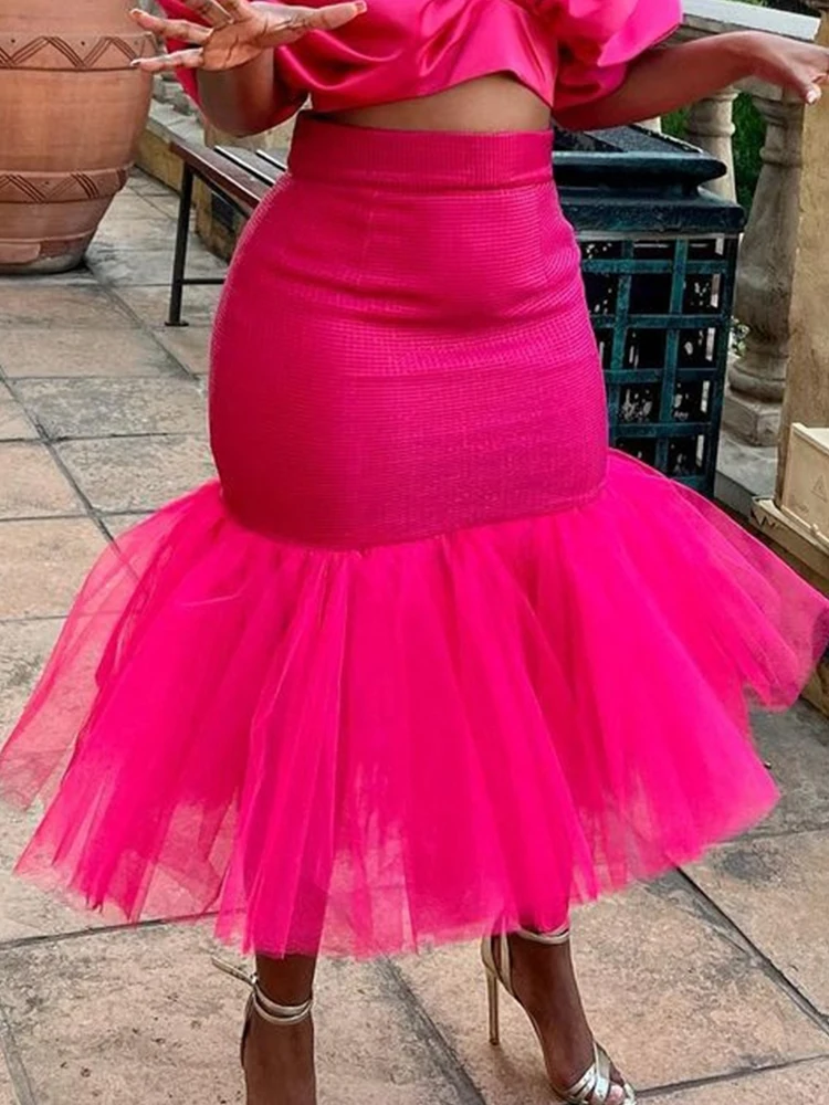 Plus size Rose Mermaid Party Skirt Women Festival 2023 Elegant Mesh Midi Skirts Package Hip High Waist Slim Fit African Party