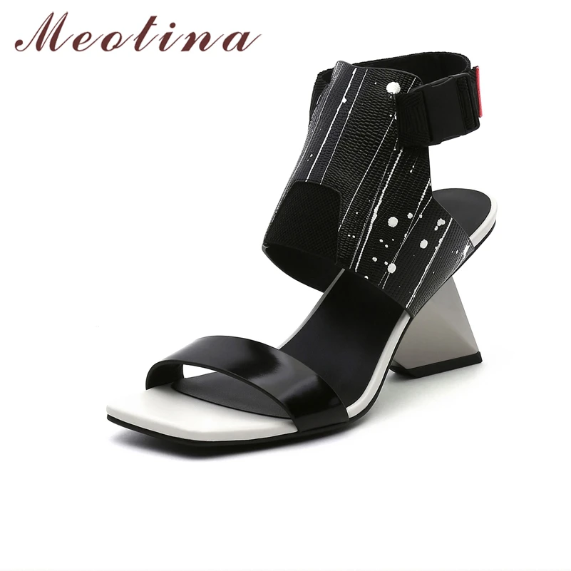 

Meotina Women Genuine Leather Sandals Square Toe Strange Style High Heels Mixed Colors Ladies Fashion Shoes Summer Black Green