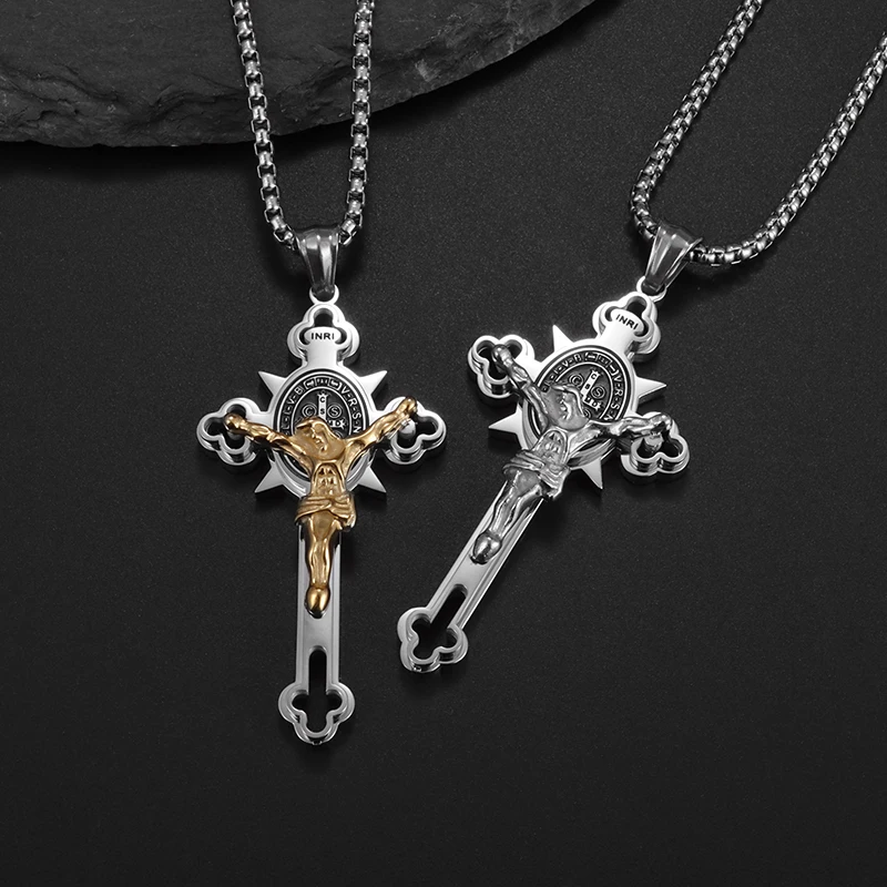 

Stainless Steel Crucifixion Cross Pendant Necklace Men and Women Religious Christian Prayer Teaching Amulet Jewelry