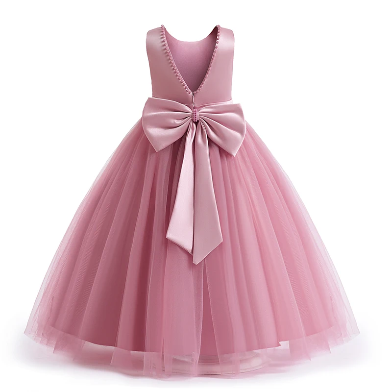 

Red Christmas Costume Flower Girl Dress for Weddings Girls Party Dresses Beadings Bow For Teen Backless Pearls Princess Dress