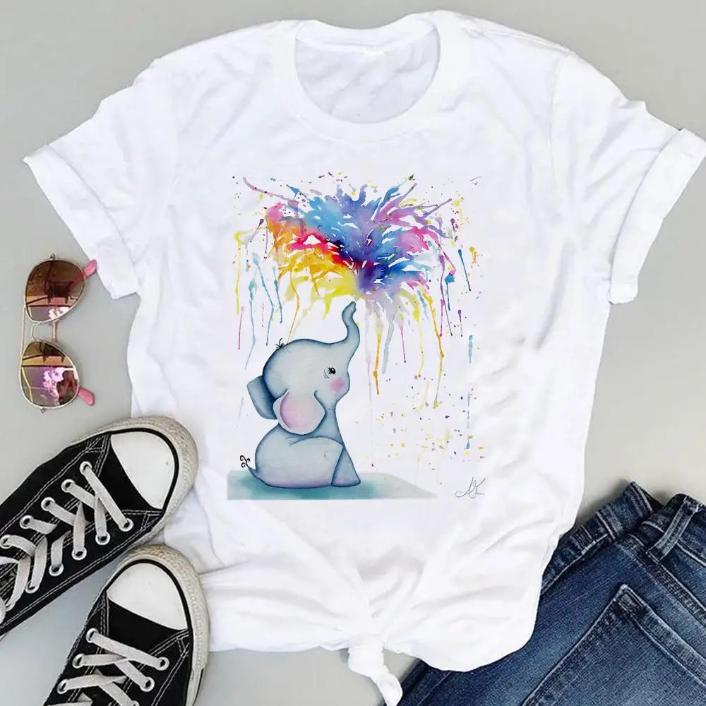 

Women Cartoon Elephant Watercolor Fashion Cute Fashion Print Sweet Summer Short Sleeve Lovely Clothes Tops Tees Tshirt T-Shirt