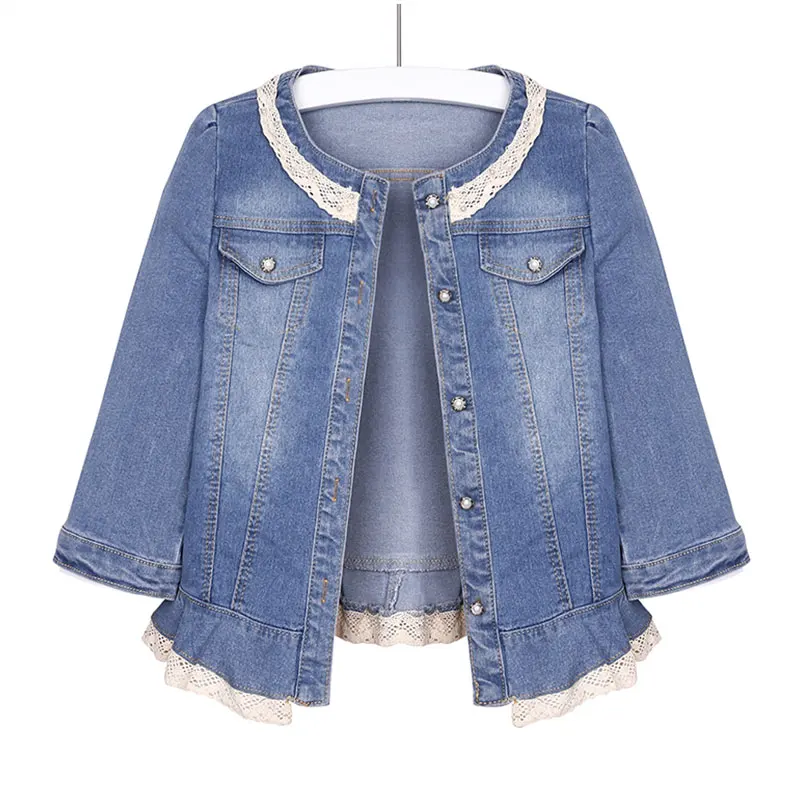 Women Lace Trim Round Collar Crop Jean Jackets Seven Sleeve Light Blue All Match Bomber Short Denim Coat Korean Casual Jeans Y2K - купить по