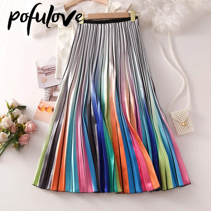 

Woman Skirts Korean Style Silk Long Gothic Harajuku Rainbow Print Pleated Skirt Mid Length A-Line Skirts Dropshipping Wholesale