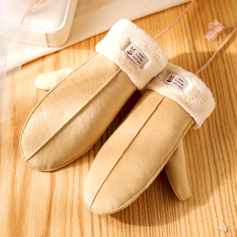 

Женские зимние замшевые перчатки с подвесным воротником, теплые варежки, флисовые плюшевые ветрозащитные уличные однотонные лыжные перчатки, 1 пара