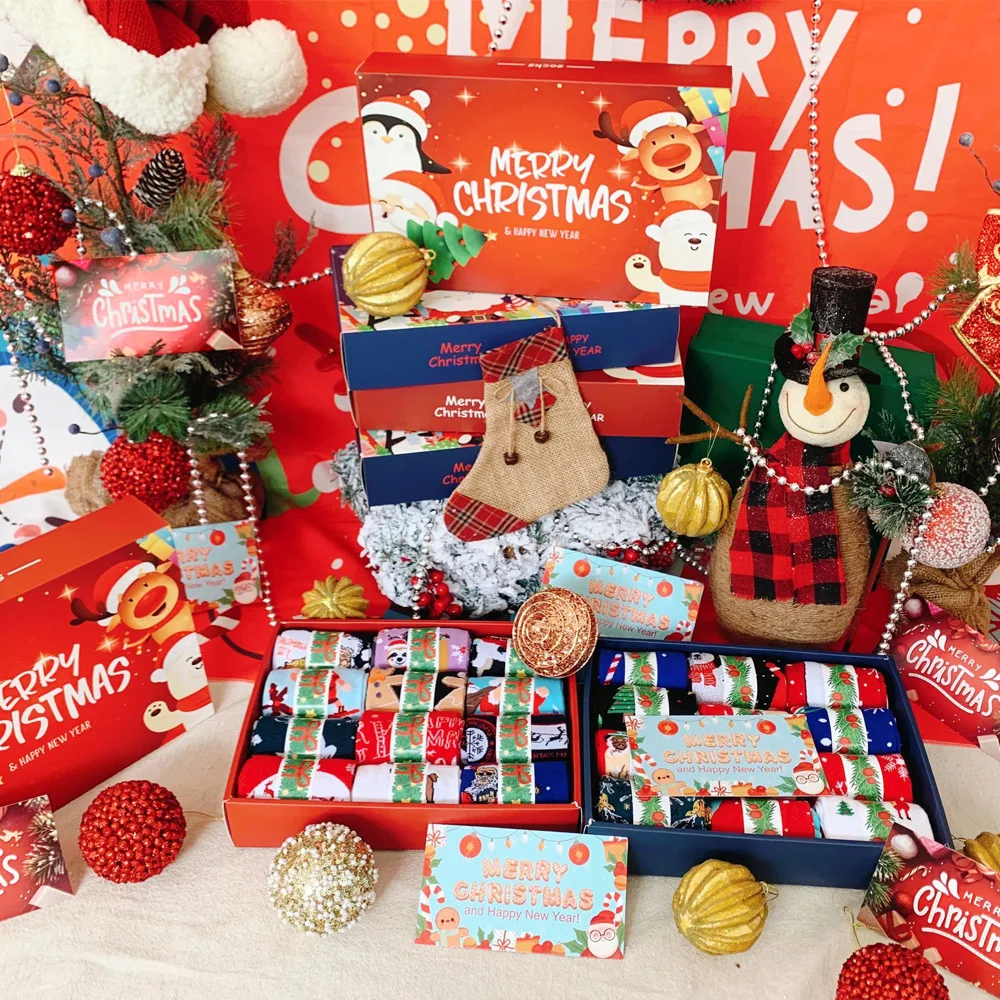 12 Pairs Autumn and Winter New Christmas 12 Colors Men Cotton Socks Elk Santa Snowflake Funny Casual Women and Men Socks