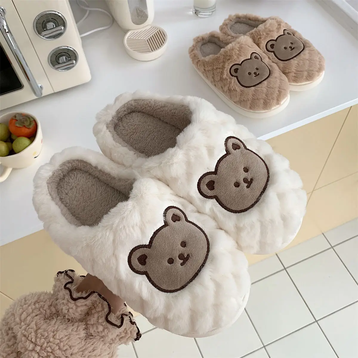 Cartoon Cute Bear Slippers Winter Warm Indoor Animal Plush Women's Flat Bottom Cartoon Kawaii Fluffy Girls Home Cotton Slippers