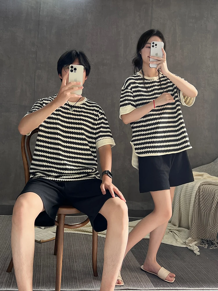 Couple Pajamas Women's Summer Cotton Short sleeve round Neck Home Wear Thin Men's Can Be Worn outside Striped Suit