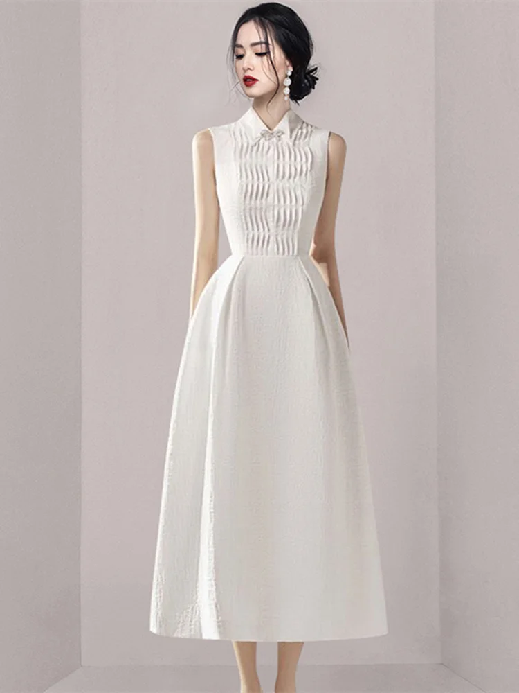 

Женское платье-рубашка без рукавов, элегантное белое Плиссированное модельное винтажное платье средней длины с бантом, вечернее платье для...