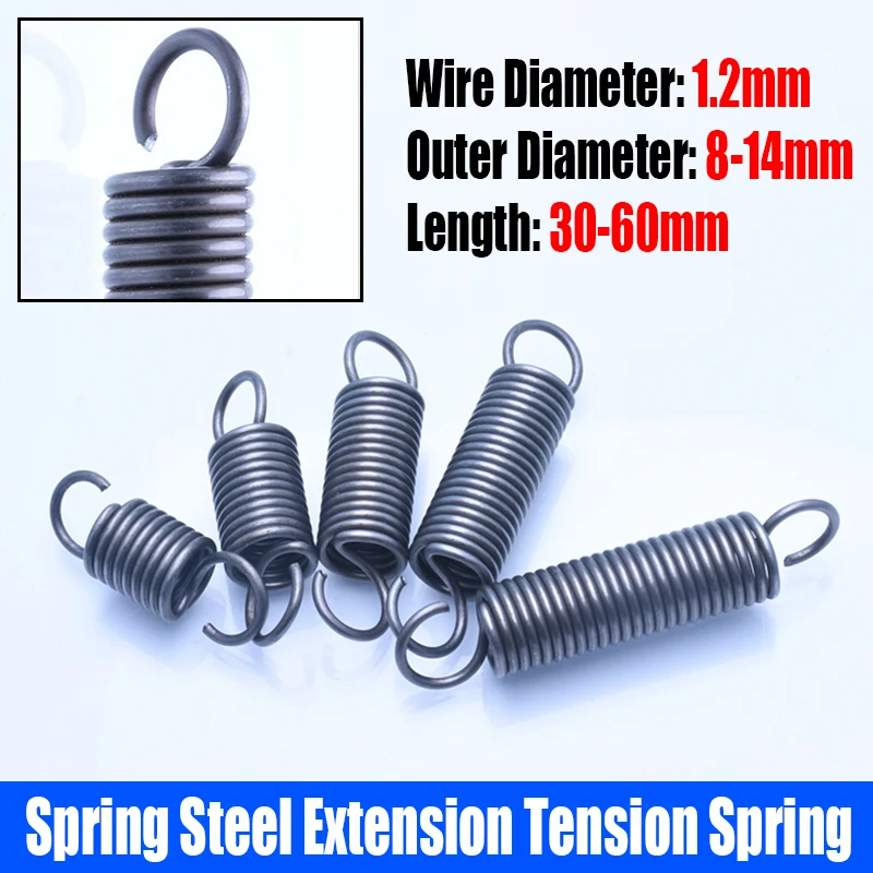

5PCS 1.2mm Wire Diameter Spring Steel S Hook Extension Tension Spring Coil Spring Hook Spring L=30-60mm Outer Diameter 8mm-14mm