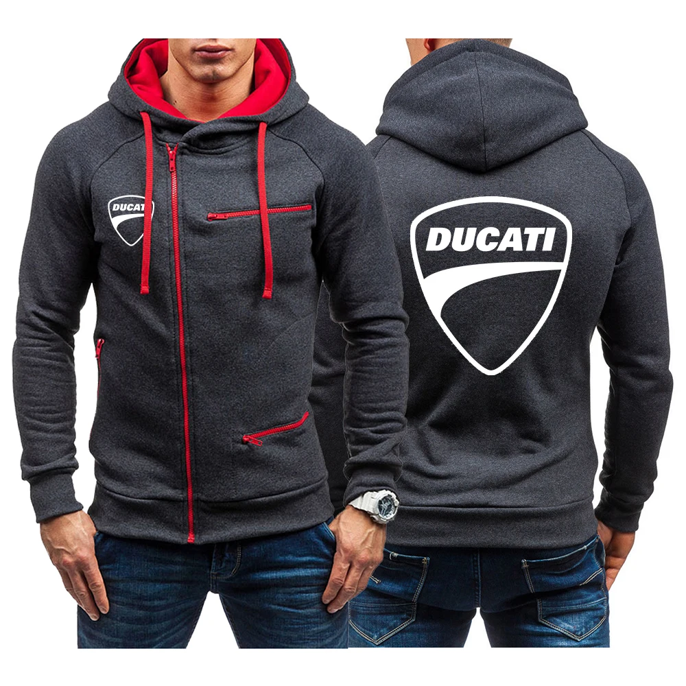 

2022 Spring Autumn Ducati Printed Hoodies Men's Diagonal Zipper Long Sleeve Pocket Solid Color Hooded Sweatshirt