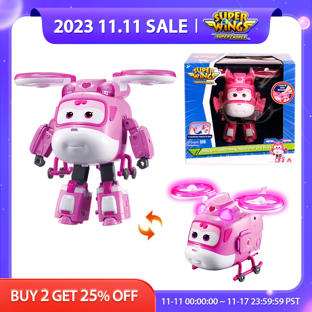 

Super Wings 6 inches Deluxe Transforming Supercharged Dizzy Deformation Robot Plane With lights Sounds Action Figures Toys
