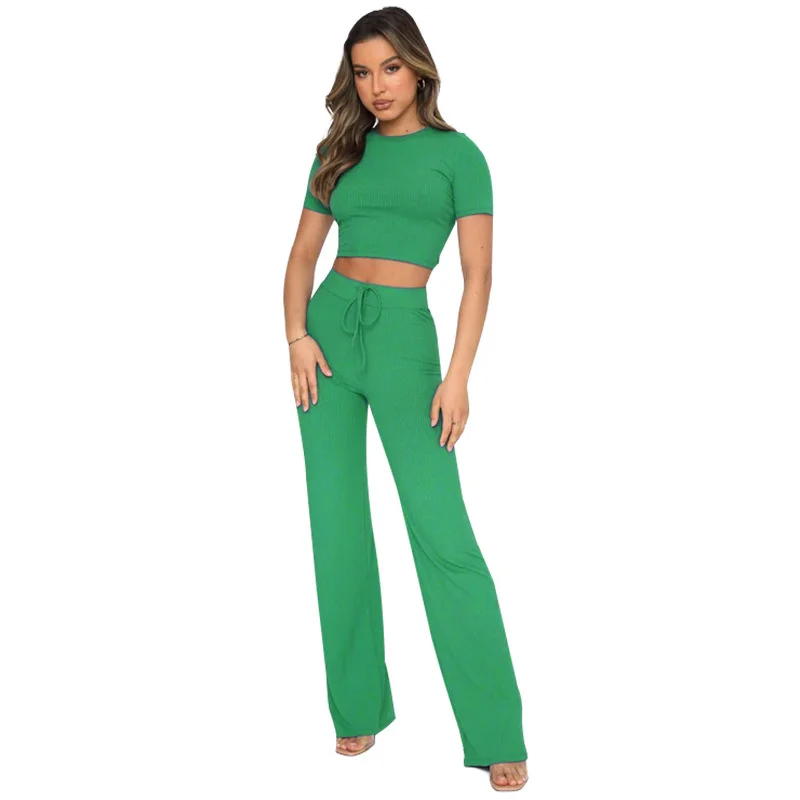 

Women's 2 Piece Outfits Summer Casual Short Sleeve Crop Top Lace Wide Leg Pants Solid Color High Elastic Set Sweatsuits