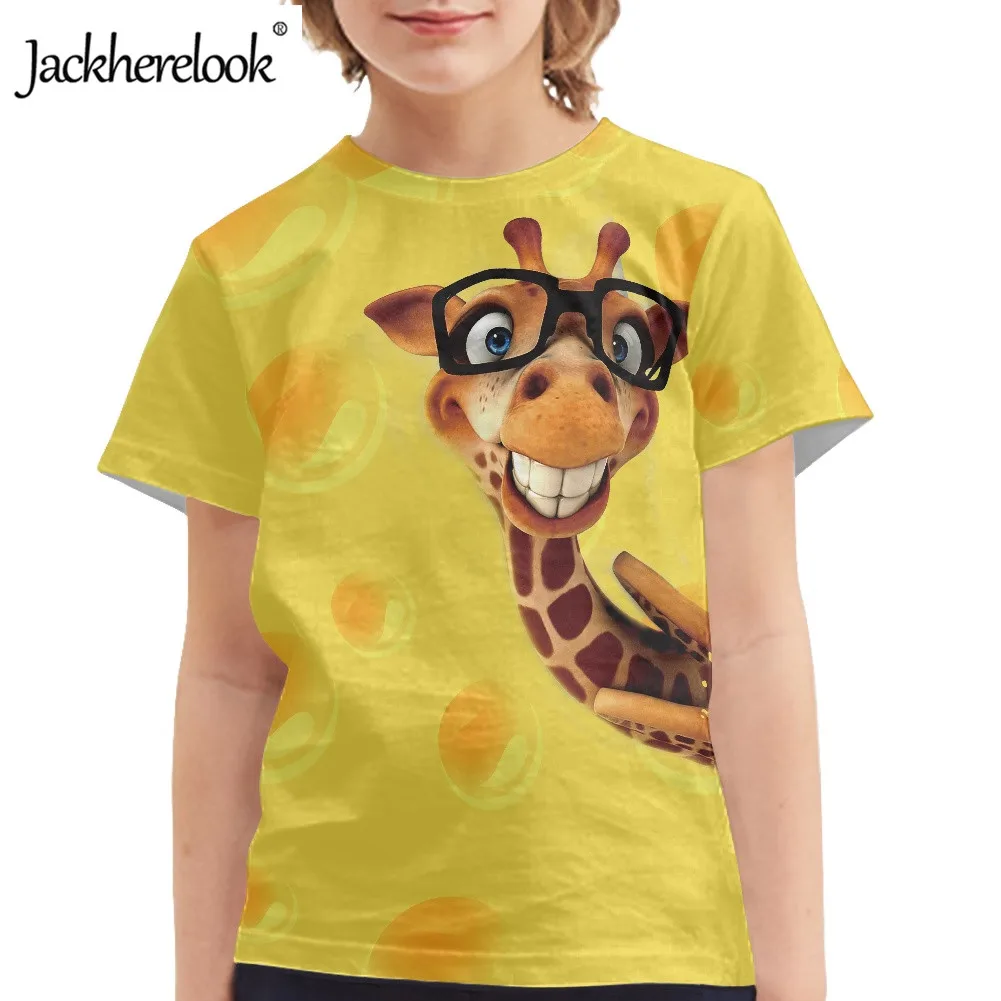 

Jackherelook милый мультяшный Жираф дизайн удобные летние футболки с коротким рукавом для мальчиков детские топы детская одежда
