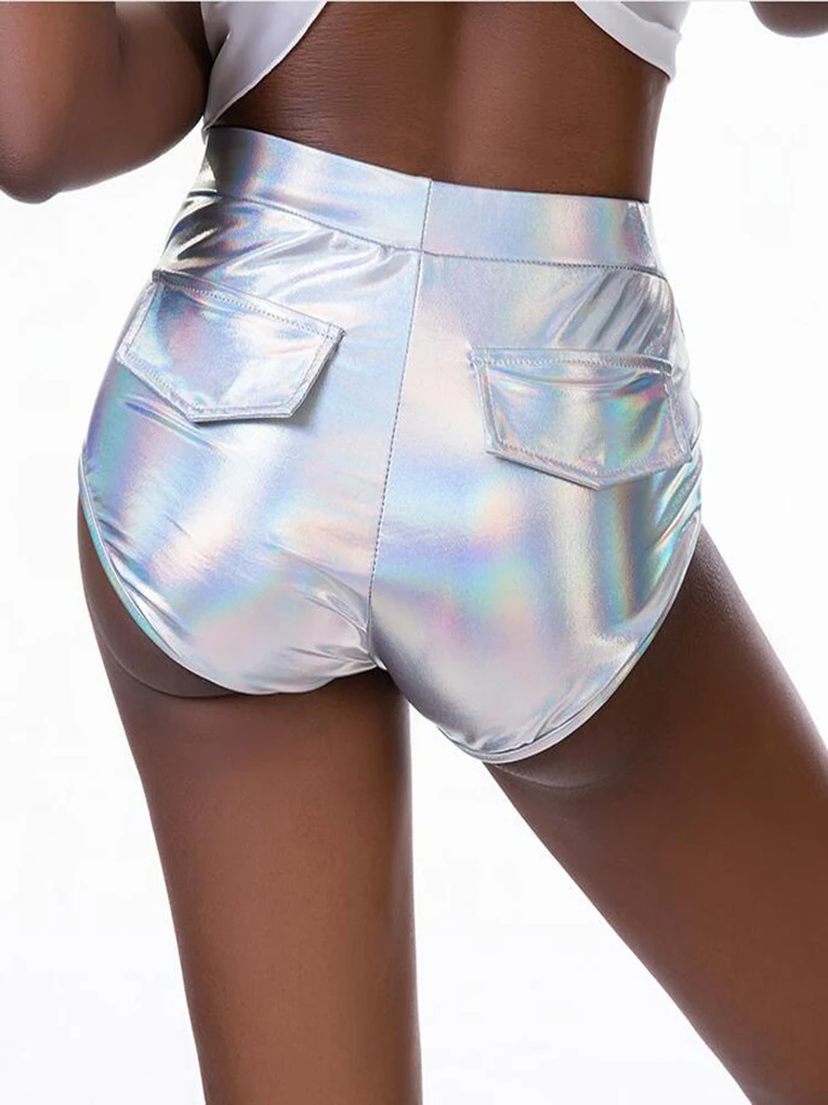 

Летние женские блестящие серебряные шорты YRRETY для танцев, облегающие обтягивающие повседневные шорты для фитнеса с высокой эластичной талией, металлические спортивные штаны для йоги