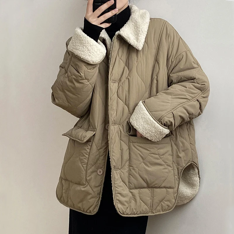 

2022 Winter Women's Cotton Jacket Lapel Thin Lamb Wool Warm Coat