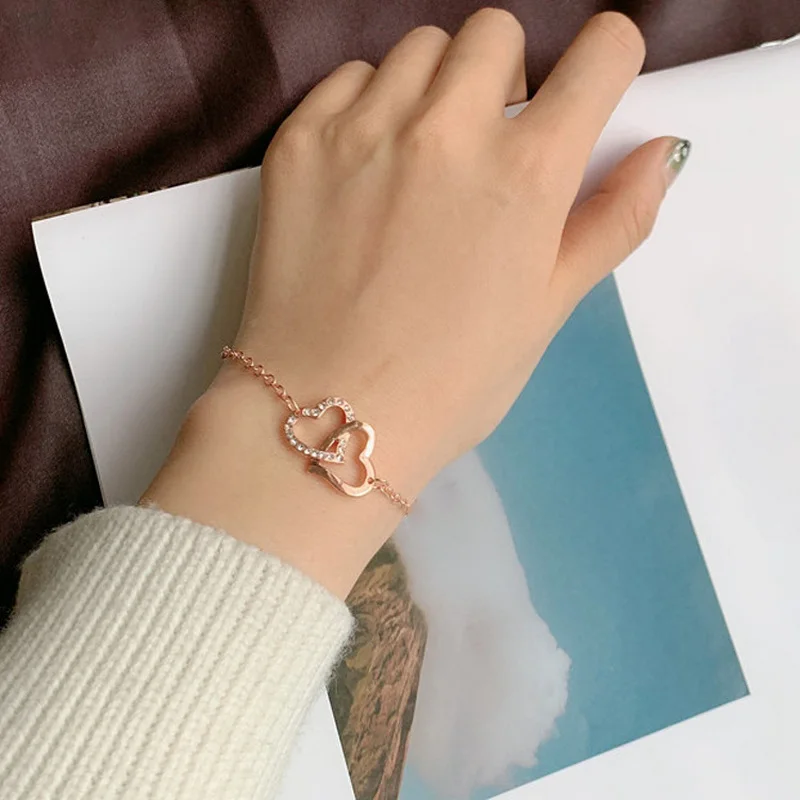 

Fashion Double Heart Bracelet for Women Girls Korean Rhinestone Crystal Chain Jewelry Wedding Party Friendship Wrist Simple Gift