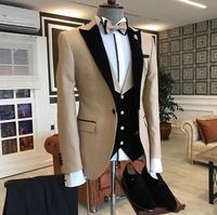 2022 custom made 3 piece beige smoking blazer casual business gentlemen groom suits prom suits for men wedding best man tuxedo