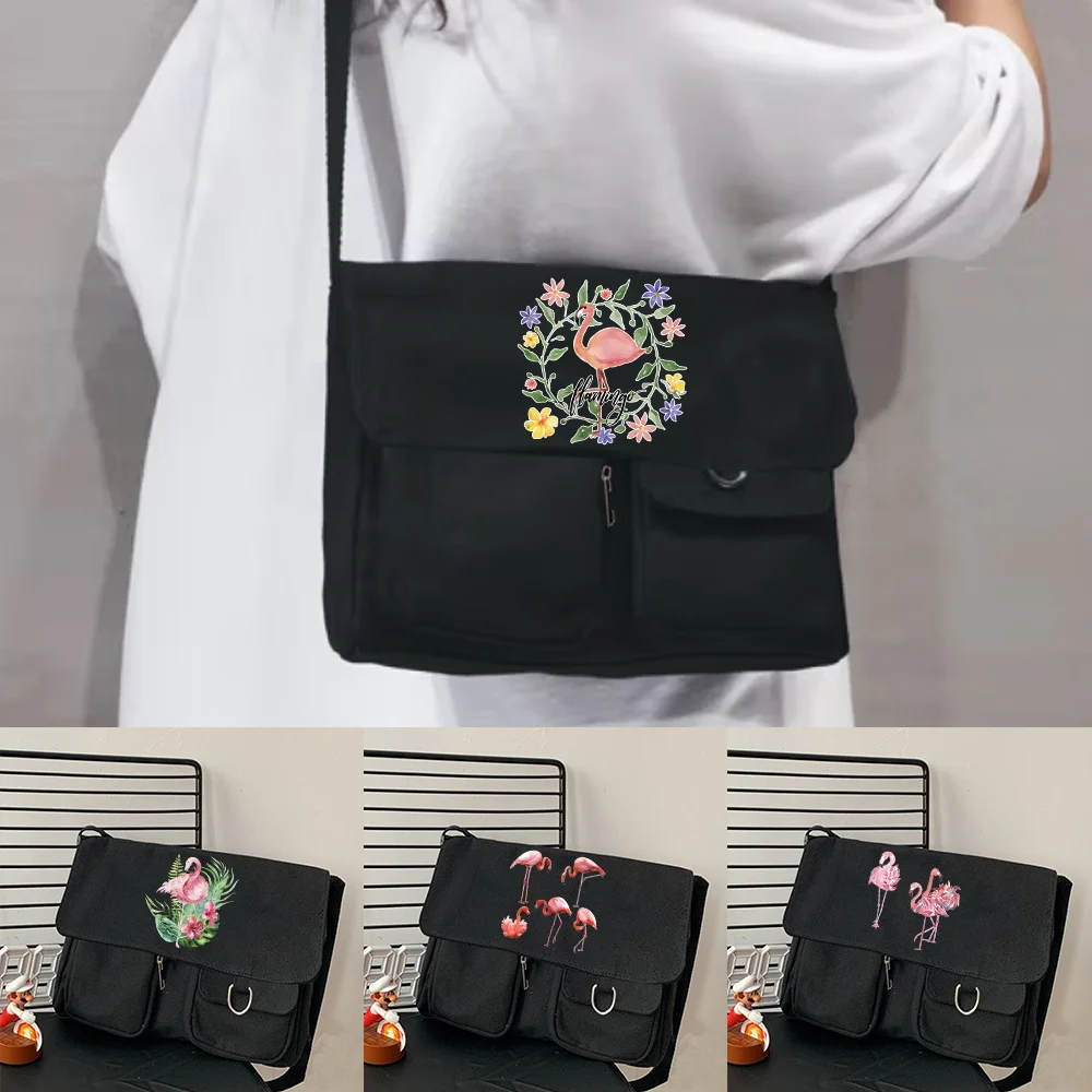

Women's Canvas Messenger Bag Casual Satchel Girls Handbag Shoulder Large Capacity Tote Bag Female Flamingo Pattern Shopping Bags