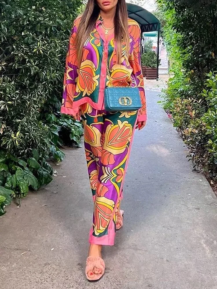 

Vintage Pattern Printing Women Sets Spring Autumn Long Sleeve Lapel Blouse And Pants Outfits Office Ladies New Fashion Pantsuits