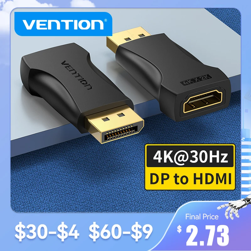 Переходник DisplayPort (штекер)/HDMI (разъем), Vention, 4K, 30 Гц, для ПК, ноутбуков, проекторов