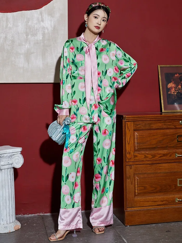 Pastoral print high-quality ice silk long-sleeved trousers women clothing sets summer plus size pijamas women