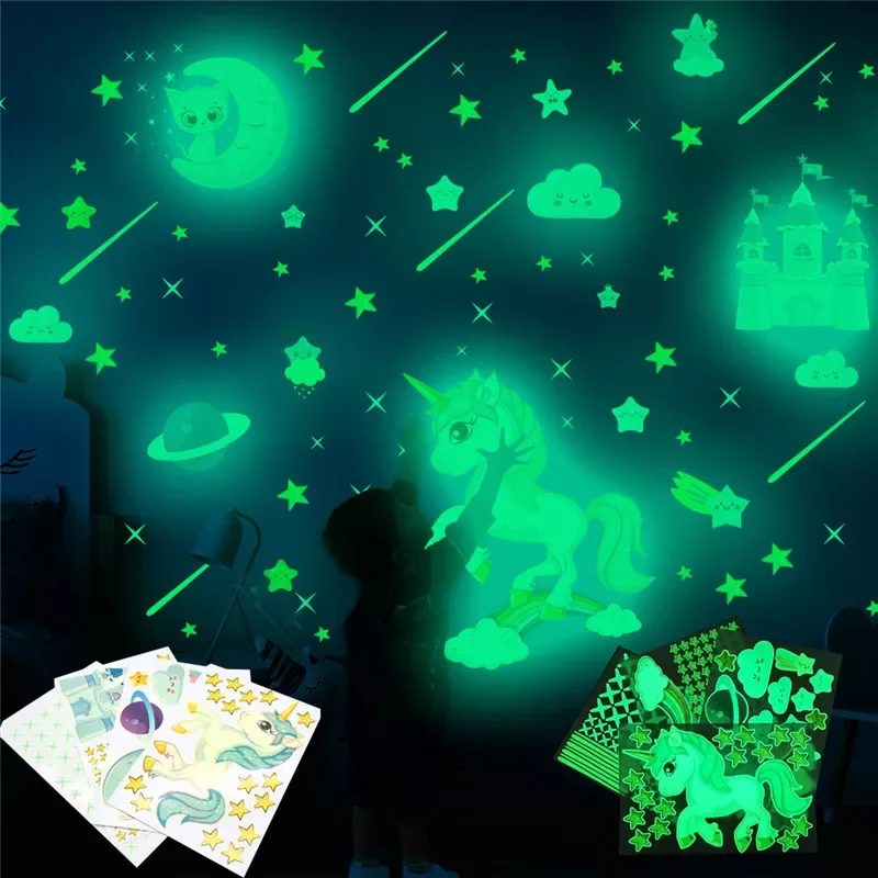 

Baby Room Glow in the Dark Unicorn Castle Moon Cat Clouds Stars Wall Sticker Kids Bedroom Luminous Unicorn Cat Fluorescent Decal