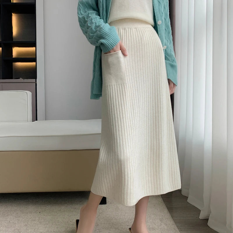 

Ladies Knitted Skirt Spring And Autumn New High-end Fashion Comfortable Vertical Stripe High Waist Mid-length Skirt A-line Skirt