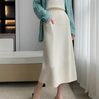 ladies knitted skirt spring and autumn new high end fashion comfortable vertical stripe high waist mid length skirt a line skirt