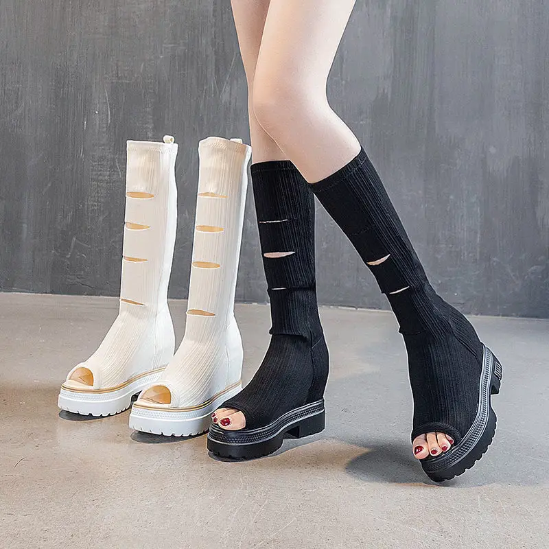 

Peep Toe Long Boots Female 2022 Summer New All-Matching Skinny Stretch Height Increasing Insole Slim Leg over-the-Knee Boots