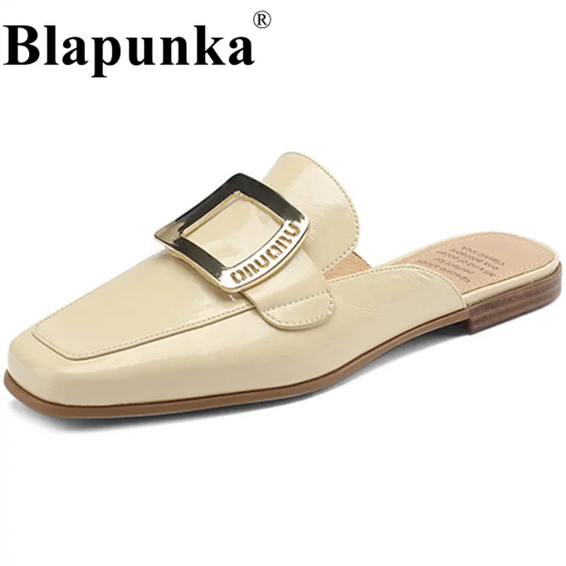 

Blapunka Woman Square Metal Buckle Mules Real Genuine Leather Slip-ons Sandals Women Flat Summer Shoe Beige Square Toe Slides 42