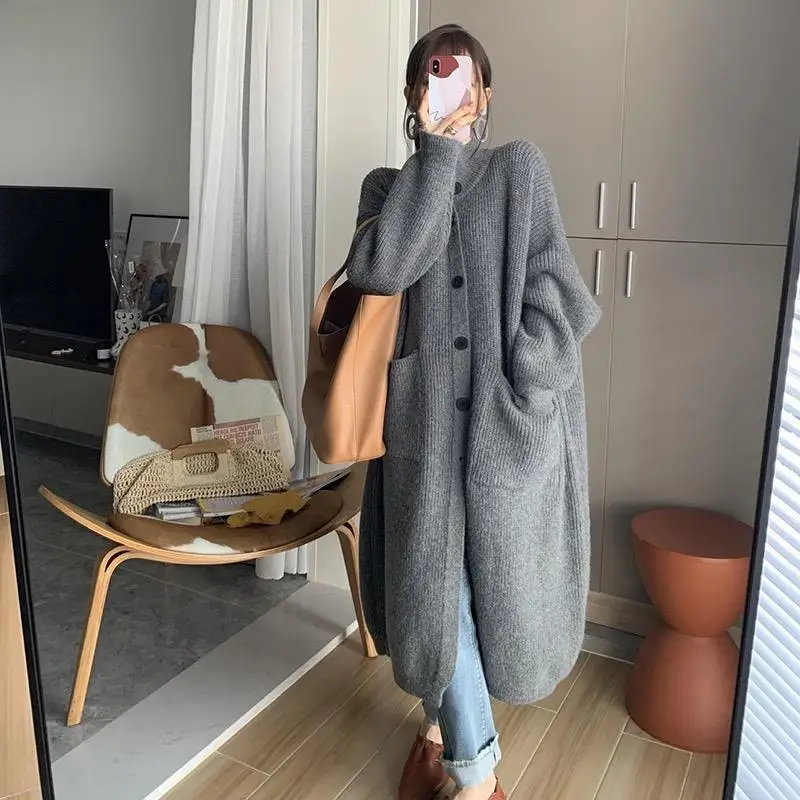 

Новинка Осень-зима Корейская версия вязаный кардиган для ленивых ветров женский свитер выше колена толстое пальто