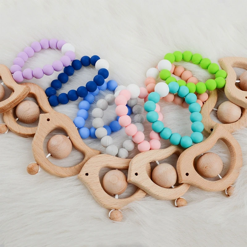 

1pc Baby Teether Silicone Bracelet BPA Free Cute Birds Animal Pendant Wood Ring Teething Toys for Toddlers Newborn