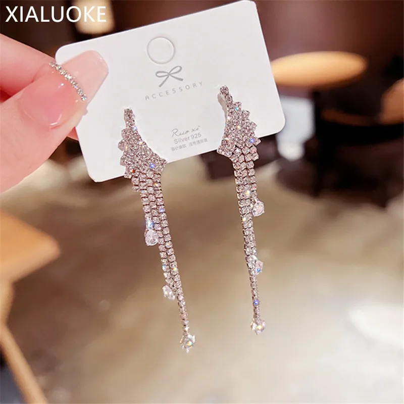 

XIALUOKE Long Tassel Geometric Wings Crystal Drop Earrings For Women Fashion Elegant Mosaic Rhinestone Earrings Wedding Jewelry