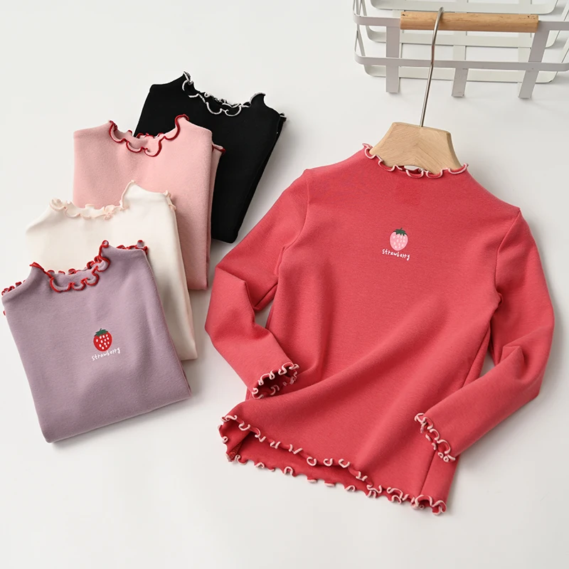 

strawberry princess hemmed half-turtleneck girl's elastic bottoming shirt, big boy's cotton long sleeve T-shirt children's wear