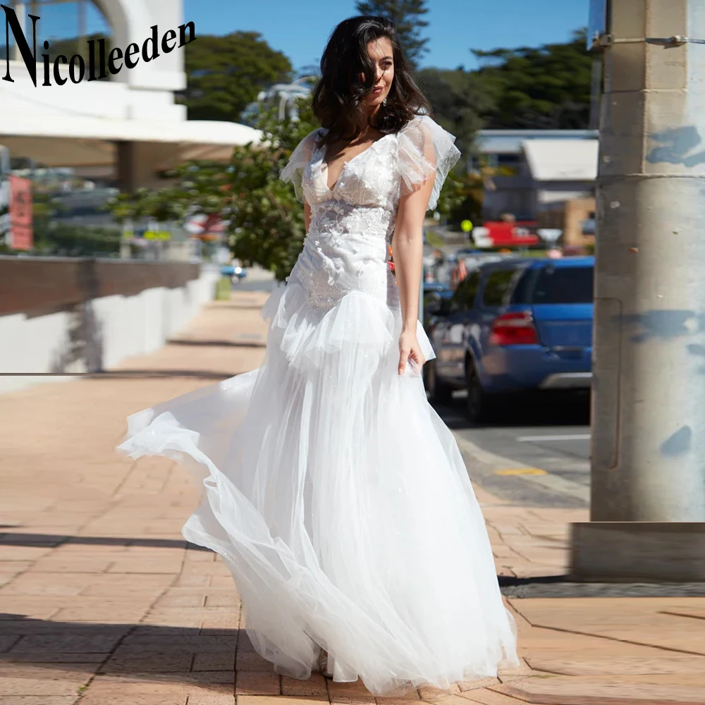 

Nicolle Vintage V-Neck Wedding Dresses For Bride Backless Ruffles Appliques Court Train A-LINE Tulle Vestidos De Novia Brautmode